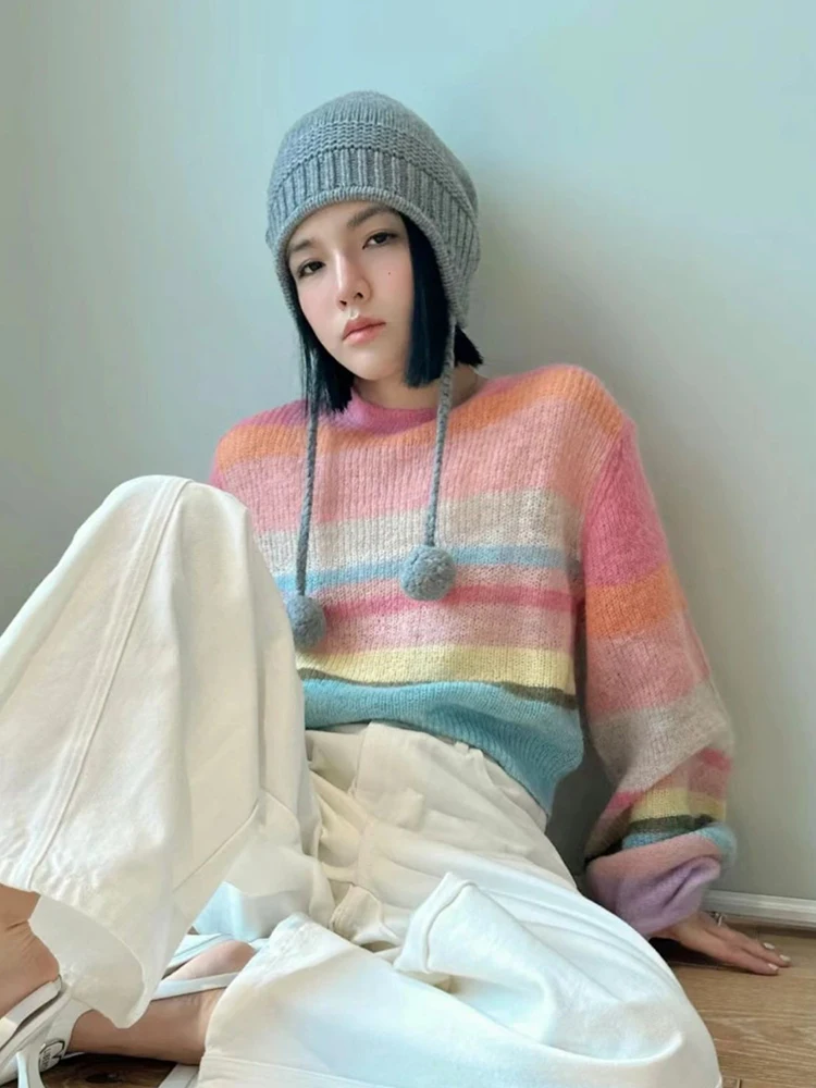 Zoki Women Sweet Rainbow Striped Sweaters Korean Loose Casual Knitted Jumpers Fall Long Sleeve Female O Neck Elegant Jumpers New