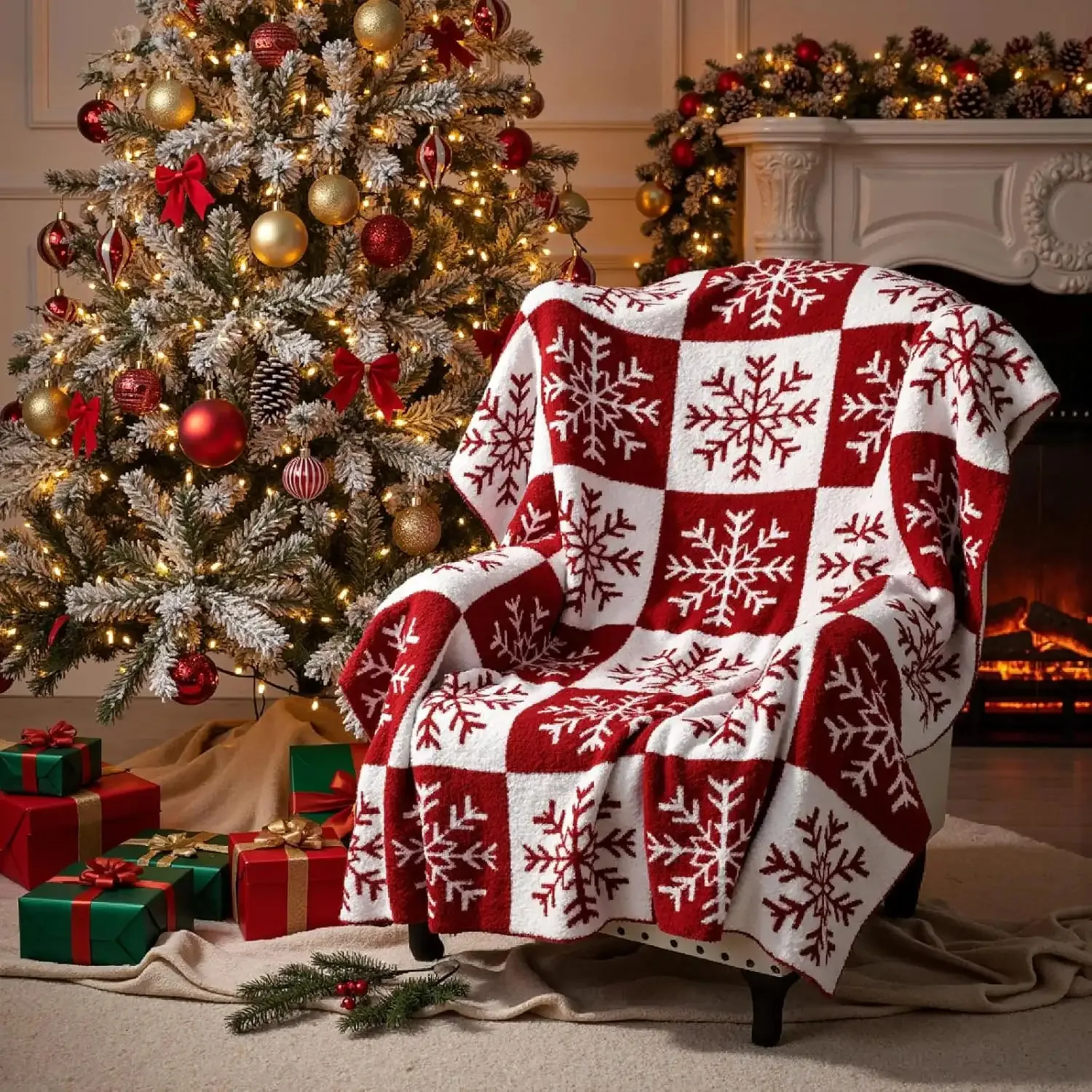 Christmas Snowflake Flannel Blanket Red White Checker Holiday Throw Blanket for Sofa Bed Couch Bedroom Living Room Winter Home Decor Christmas Decoration Seasonal Gift Cozy Nap Blanket Office Travel Classic Festive Bedding Farmhouse Room Accent