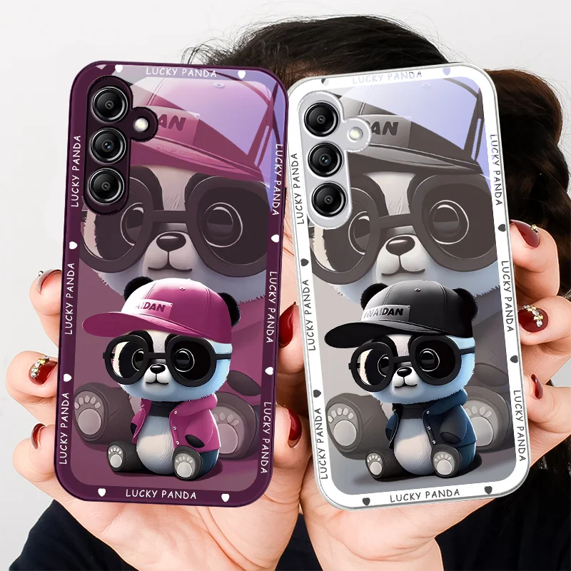 Glass Phone Case For Samsung Galaxy A01 A02 A03 Core A04 A14 4G A13 A54 A34 31 20 25 23 22 5G S21 Ultra S20 Panda With Glasses