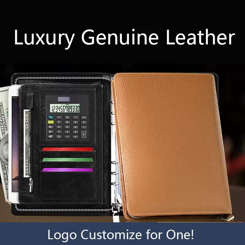 Cowhide A5 Folder Genuine Leather Document Holder Business File Folders Manager Organizer Zipper Travel Case