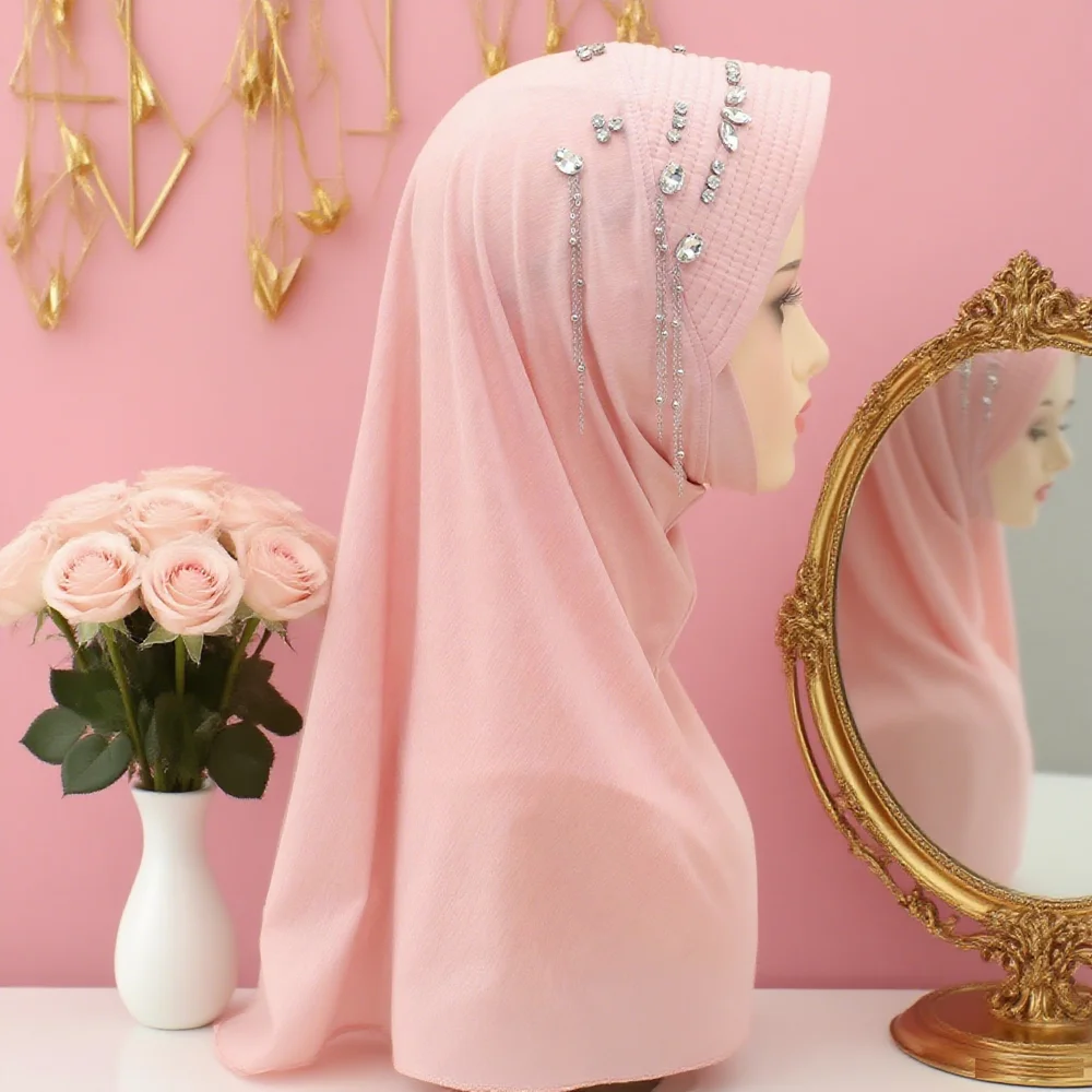 

Мусульманский хиджаб с бриллиантами для взрослых, однотонная шляпа, мягкая шляпа с кисточками, женский хиджаб, шаль, накидка, стиль Buni Amira, арабский хиджаб, Турция