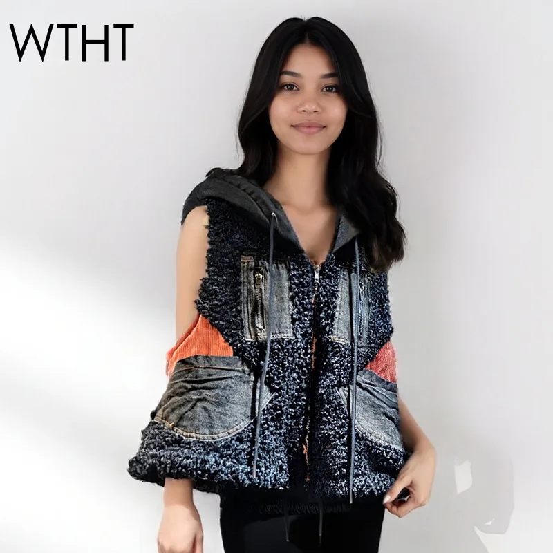 

WTHT Fashion Women's Patchwork Woolen Hooded Loose Warm Vest 2025 Winter Trendy Sleeveless Zipper Waistcoat Female 1LS2771