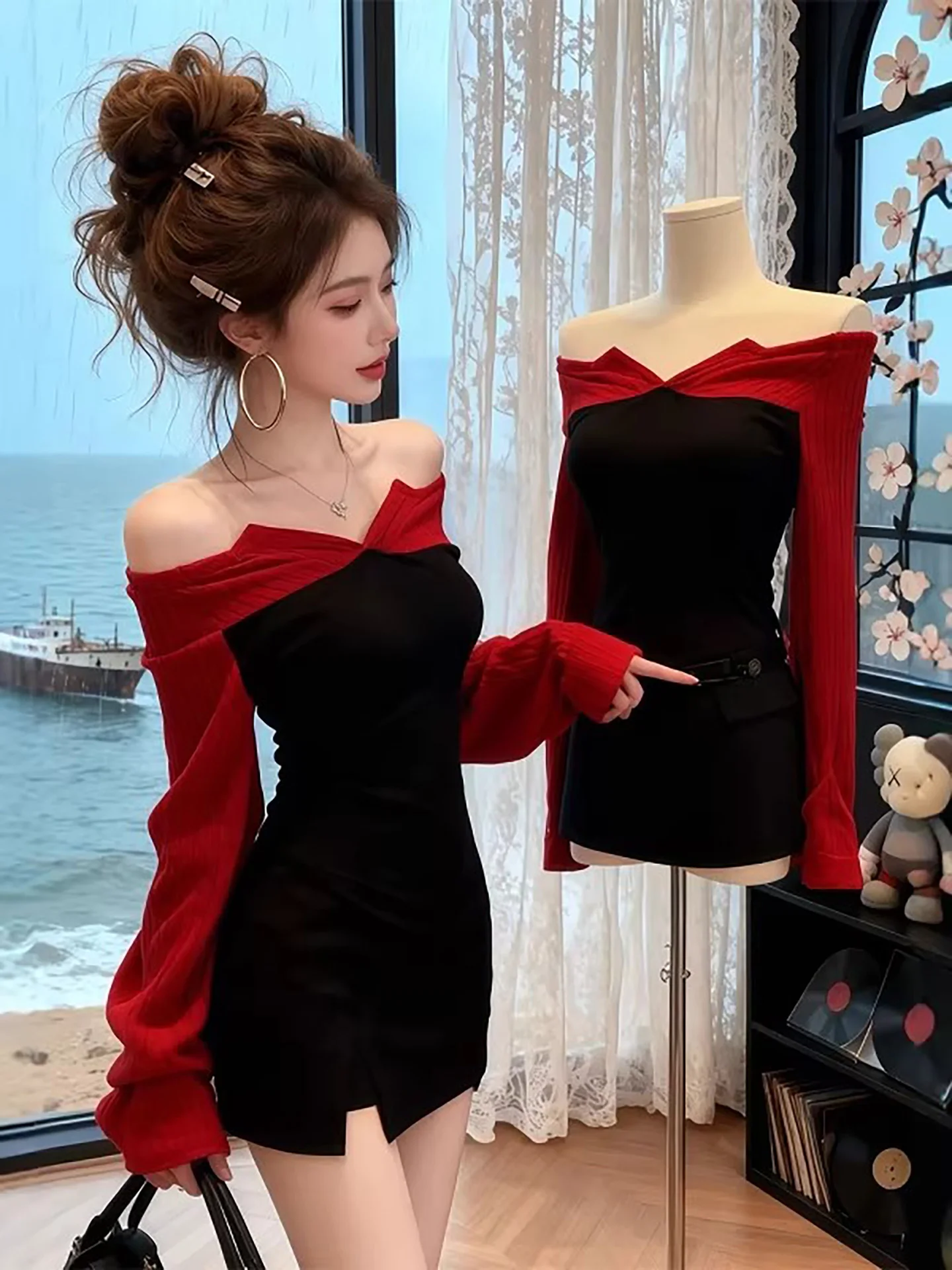 

Французский вязаный свитер с цветными вставками, облегающий женский топ с открытыми плечами, удлиненный рукав, длина до середины икры