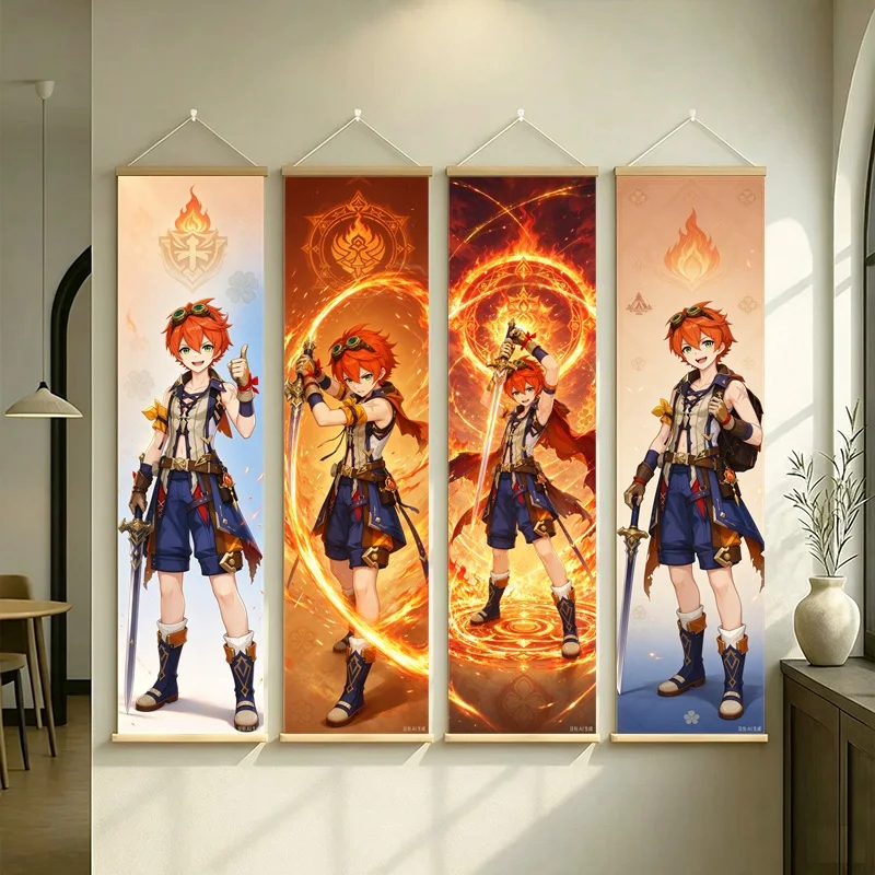 Hanging Scroll Wall Art of Genshin Impact Bennett with Orange Flame Motifs, Silver Shimmer Canvas for an Anime Bedroom