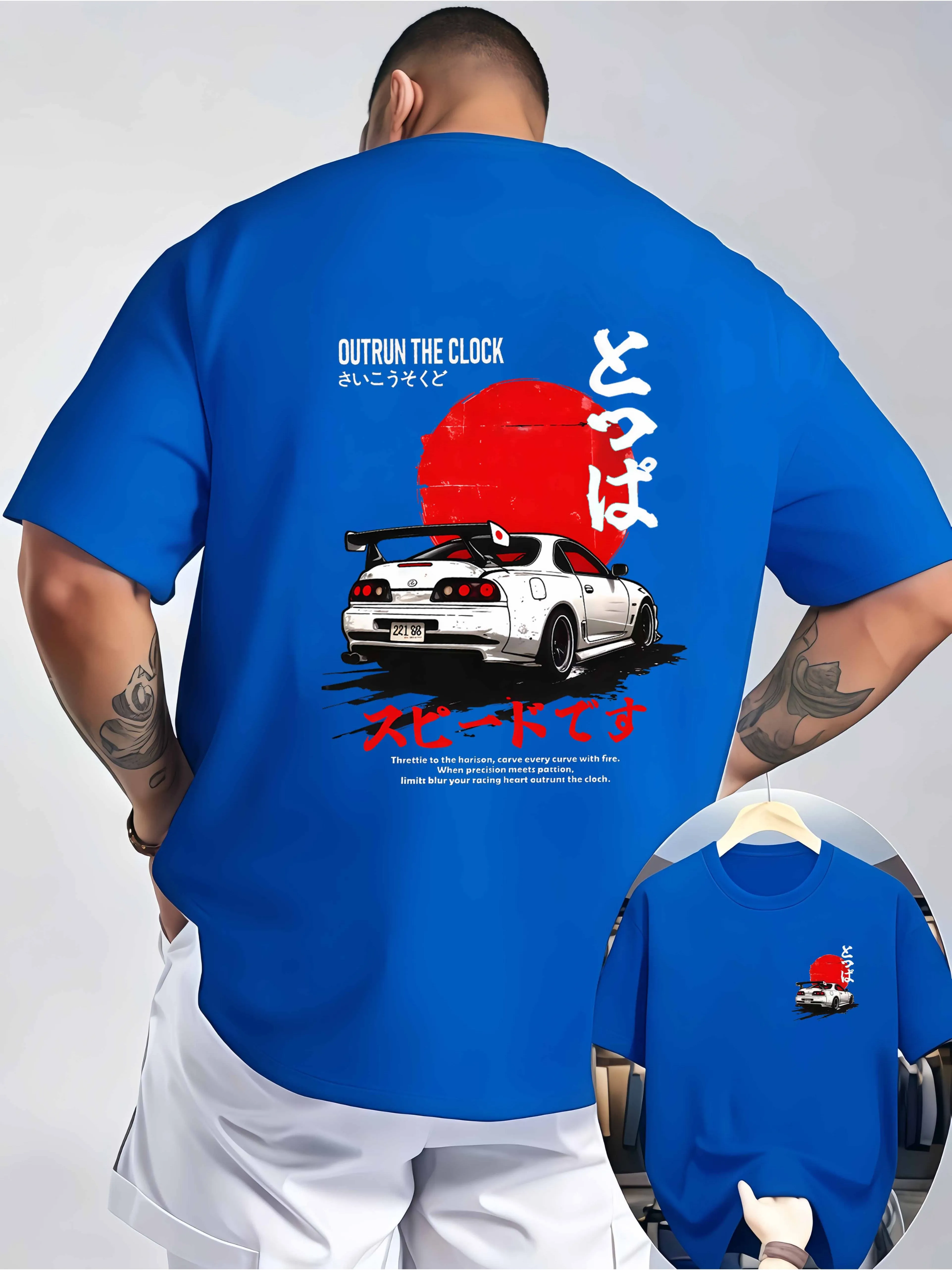 Men's Fashionable Tshirt Knitted Round-neck Top with Racing Car Print and Japanese Red Sun Elements Double-print Design Combined