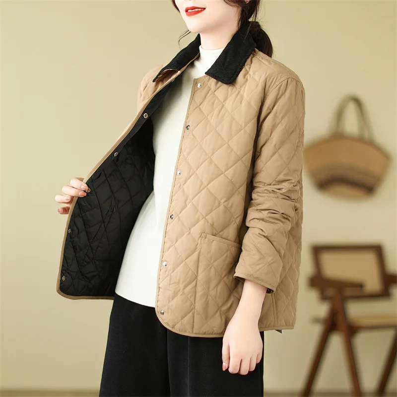 

High-End Winter Short Cotton Jacket Women's Korean Style Small Size Rhombus Design Unique Cotton Coat Outerwear