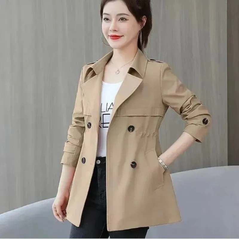 

Women's Windbreaker 2025 Spring Autumn New Korean Khaki Short Coat Solid Trench Coats Office Ladies Double Bbreasted Outwear