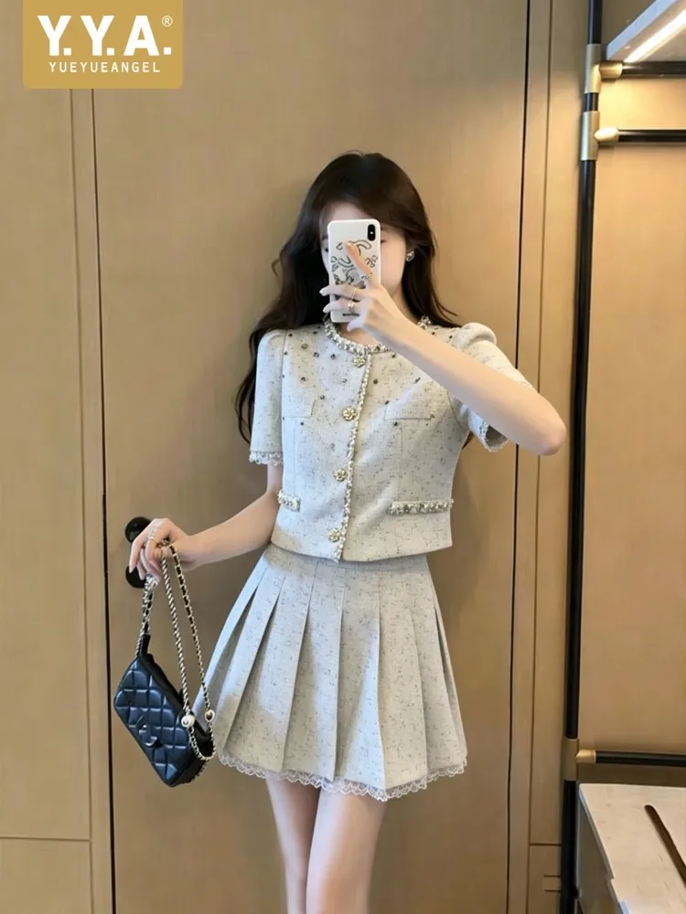 Spring Womens O Neck Short Jacket Skirt Sets Above Knee Length Lace Patchwork Pleated Skirt Two-Piece Set Diamond Coat Outfits