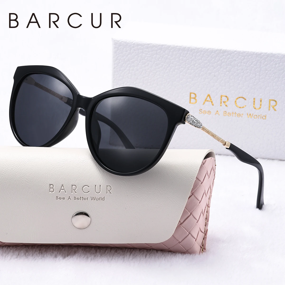 BARCUR Runde polarisierte Sonnenbrille, modisch, ultraleicht, Katzenauge, PC-Rahmen, mehrere Farben, wählen Sie Damen-Sonnenbrillen, Geschenkbox-Paket – Detail 5