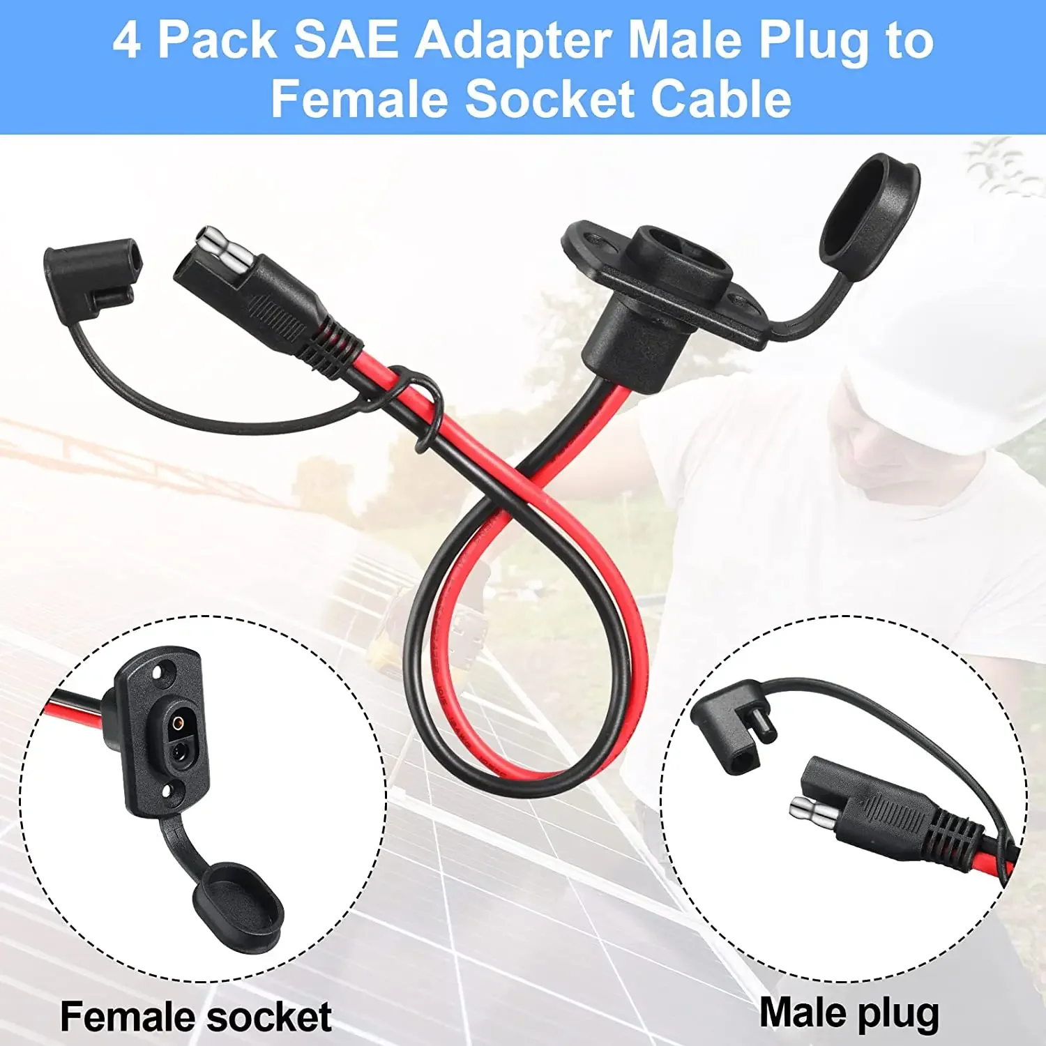 4 Pcs 12AWG 30CM SAE To SAE Extension Cord SAE Power Socket Sidewall Port Battery Connector Power Parts