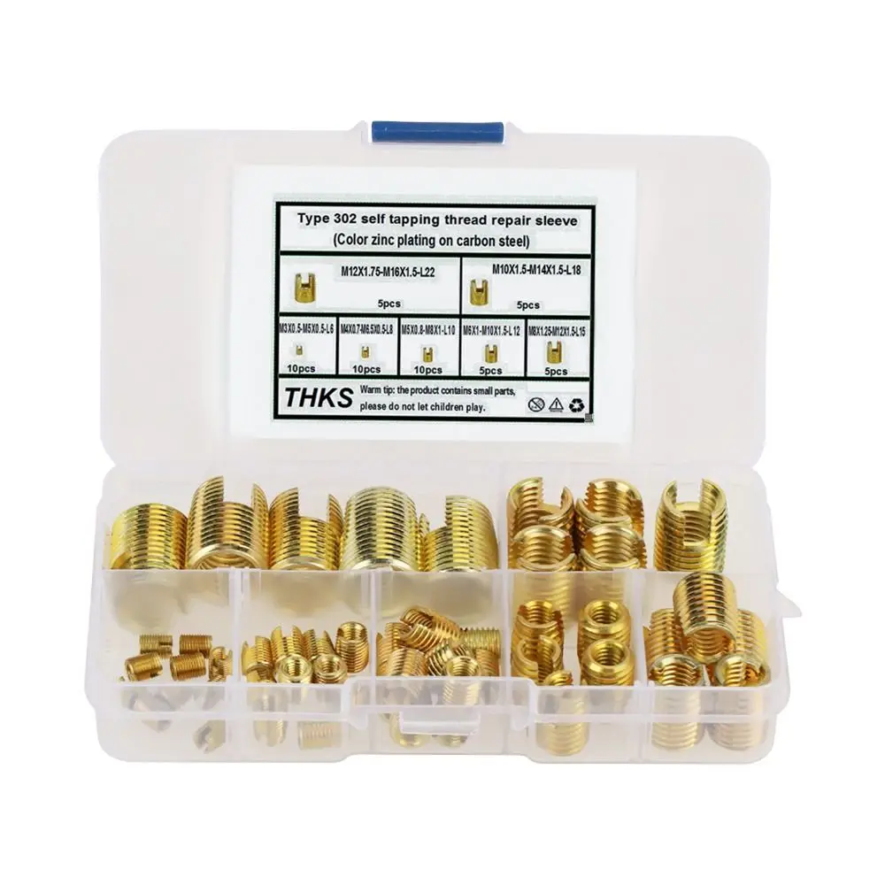 50pcs Brass Self Tapping Inserts M3-M12 Gold Threaded Inserts Kit Storage Case Carbon Steel Brass Slotted Thread Inserts