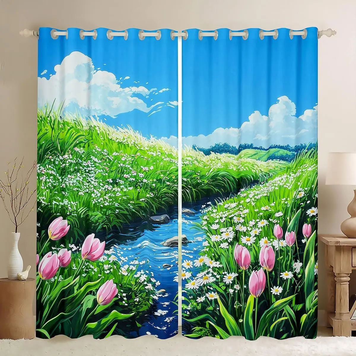 Realistic Spring Floral Nature Mural Curtain Polyester Window Treatment Art Decoration Garden Stream Flower Wallpaper for Living