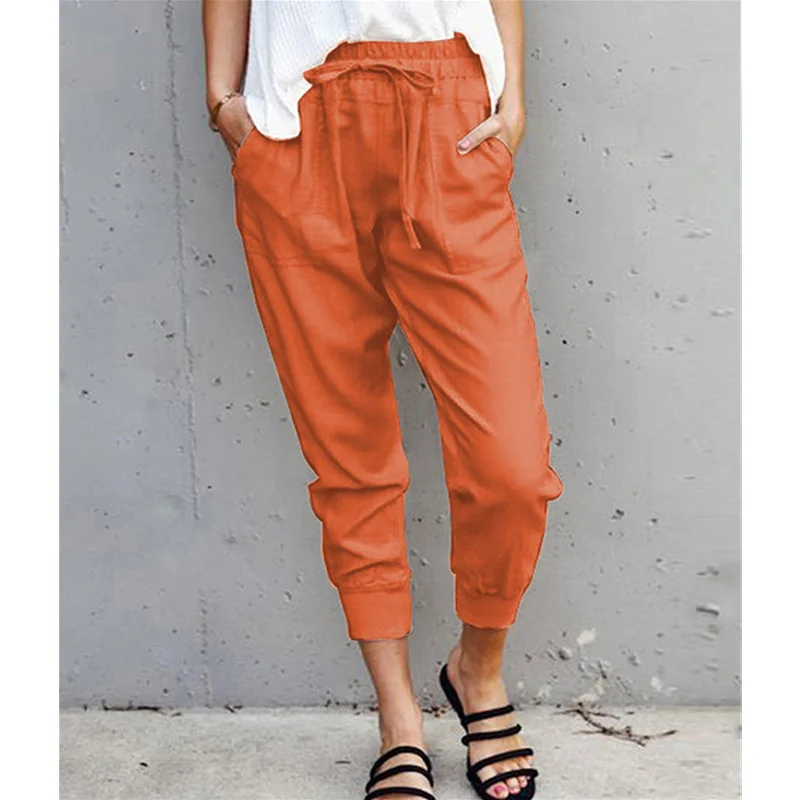 الصيف عارضة القطن الكتان السيدات السراويل مستقيم الساق الشارع Sle l الخصر تسع نقاط السراويل للنساء