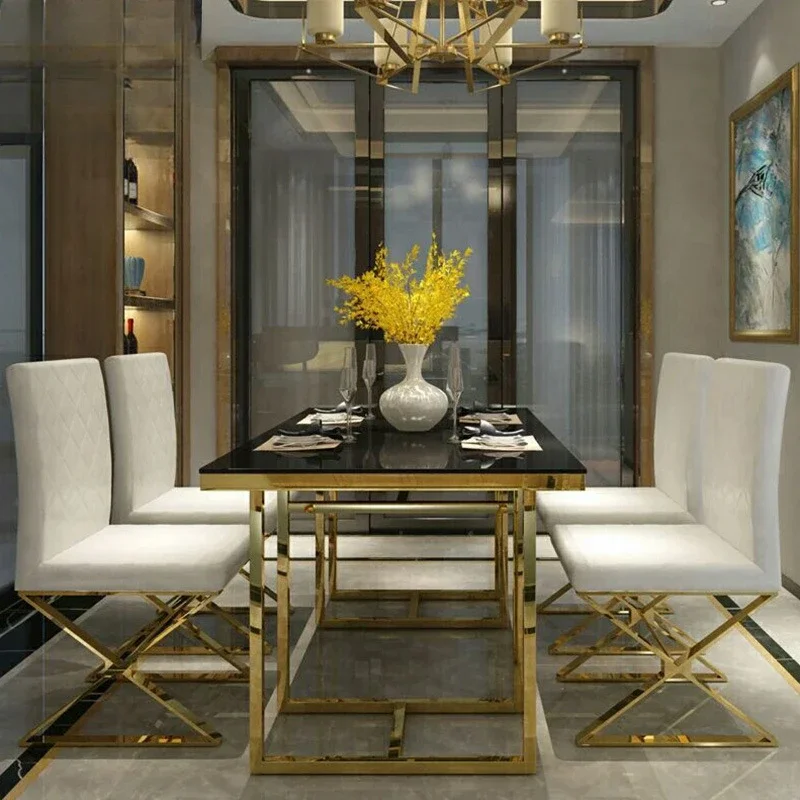 Luxurious golden living room fashion simple modern stainless steel rectangular glass dining table and chair combination