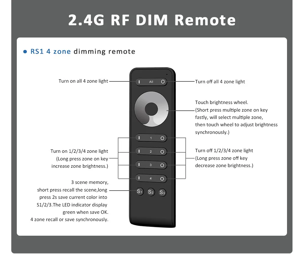 V1 LED Dimmer 12V 24V 36V RS1 4 Zone Single Color LED Strip Dimming Kit Wireless Wifi 2.4G RF Remote Control Push Switch Dimer