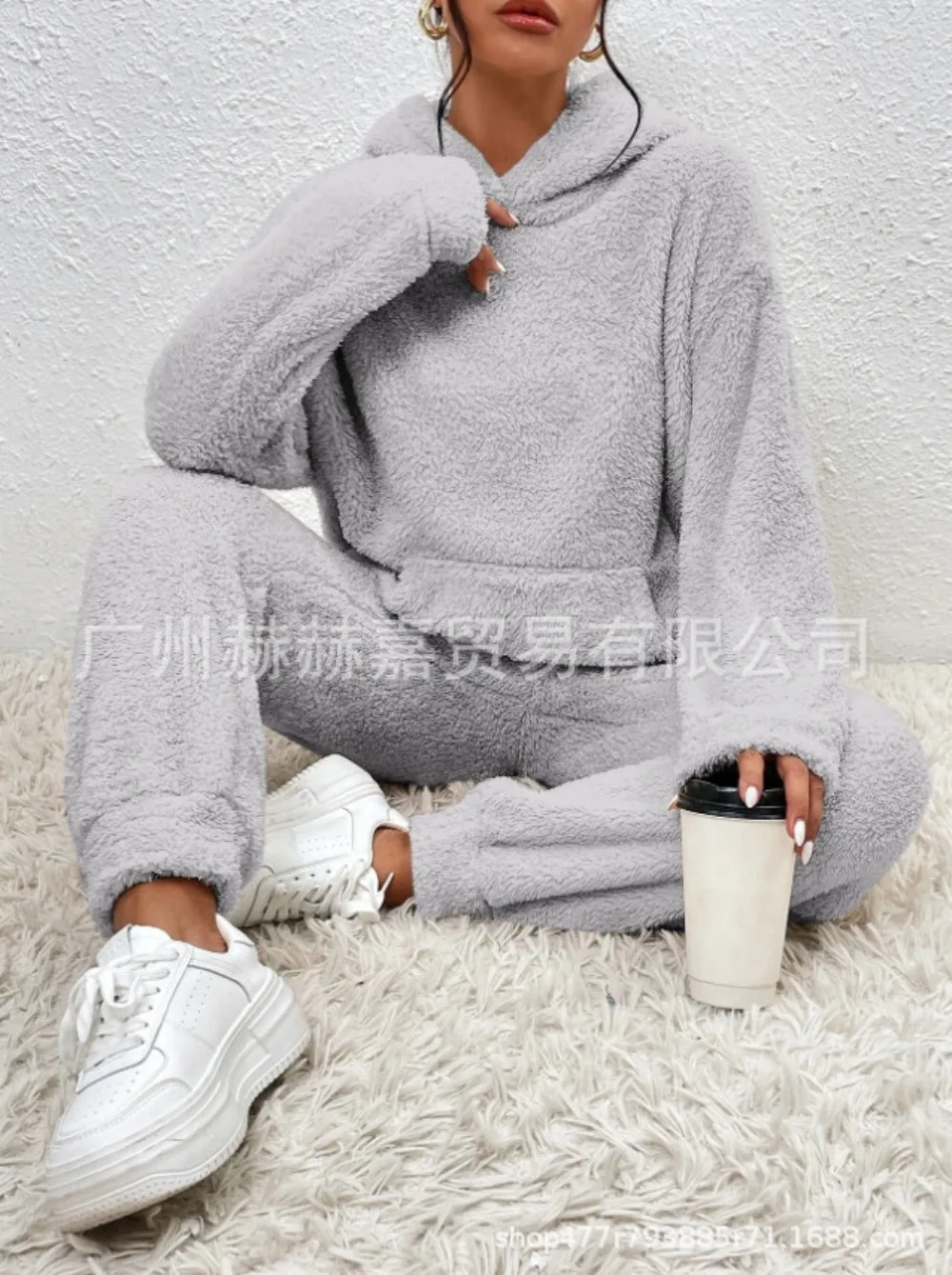 Autumn and Winter Womens Sets Plus Velvet Hooded Long-sleeved Stereo Patch Pocket Casual Pants Solid Suit for Women