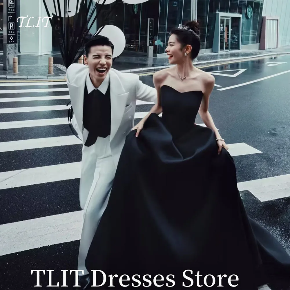 

TLIT Simple Black Evening Dresses Korea Photo Shoot Strapless A-Line Prom Gowns Soft Satin Floor Length Party Corset Customized