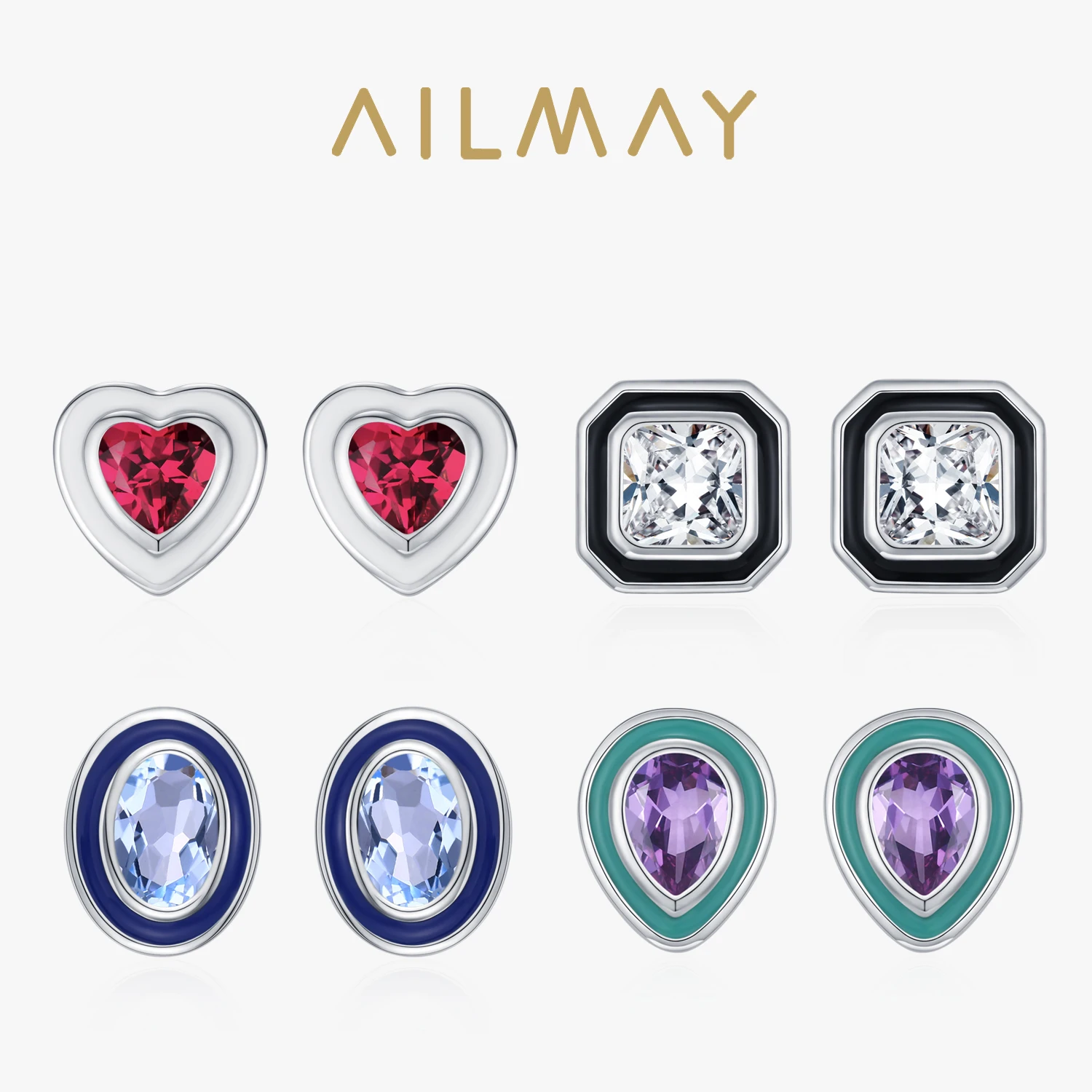 

Ailmay Colored Geometric Heart-Shaped Enamel Zircon Earrings For Women 925 Sterling Silver Wedding Party Gift