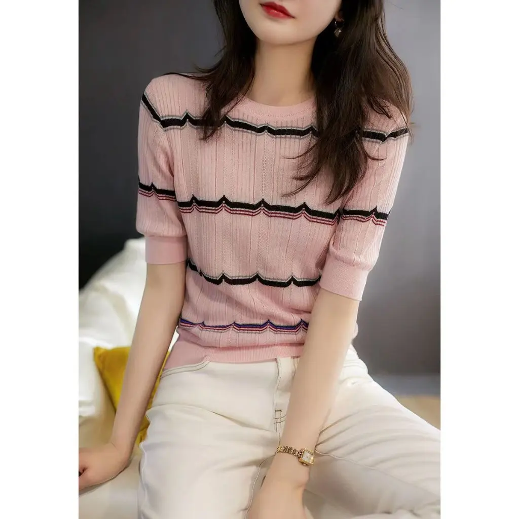

Women's Short-Sleeved Striped Ice Silk Knitwear Slimming Top Thin Style Summer New Arrival Bottoming Shirt