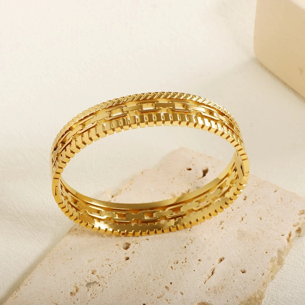 Chunky Layered Stainless Steel Bangles Bracelet for Women Gold Plated geometric figure Wide Cuff Bracelet Waterproof Jewelry
