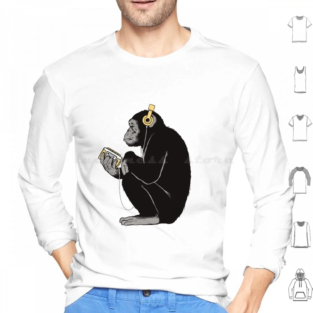 Monkey Business Hoodies Long Sleeve Chimp Monkey Chimpanzee Ape Butterflies Pattern Headphones Music Wildlife Animal