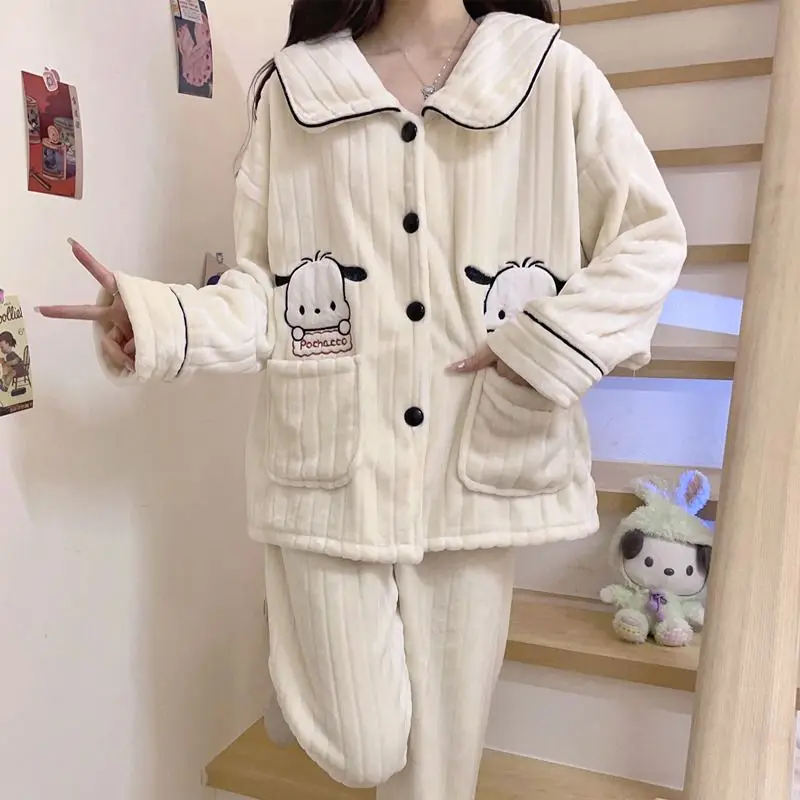 

Pochacco Anime Cartoon Pajamas Girls Autumn and Winter Coral Velvet Thickened Warmth Cute Casual Soft Home Comfort Clothing Set