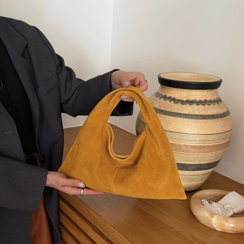 Suede Genuine Leather Triangle Shape Underarm Bag for Women Fashion Shoulder Crossbody Bag Female Frosted Cowhide Casual Handbag