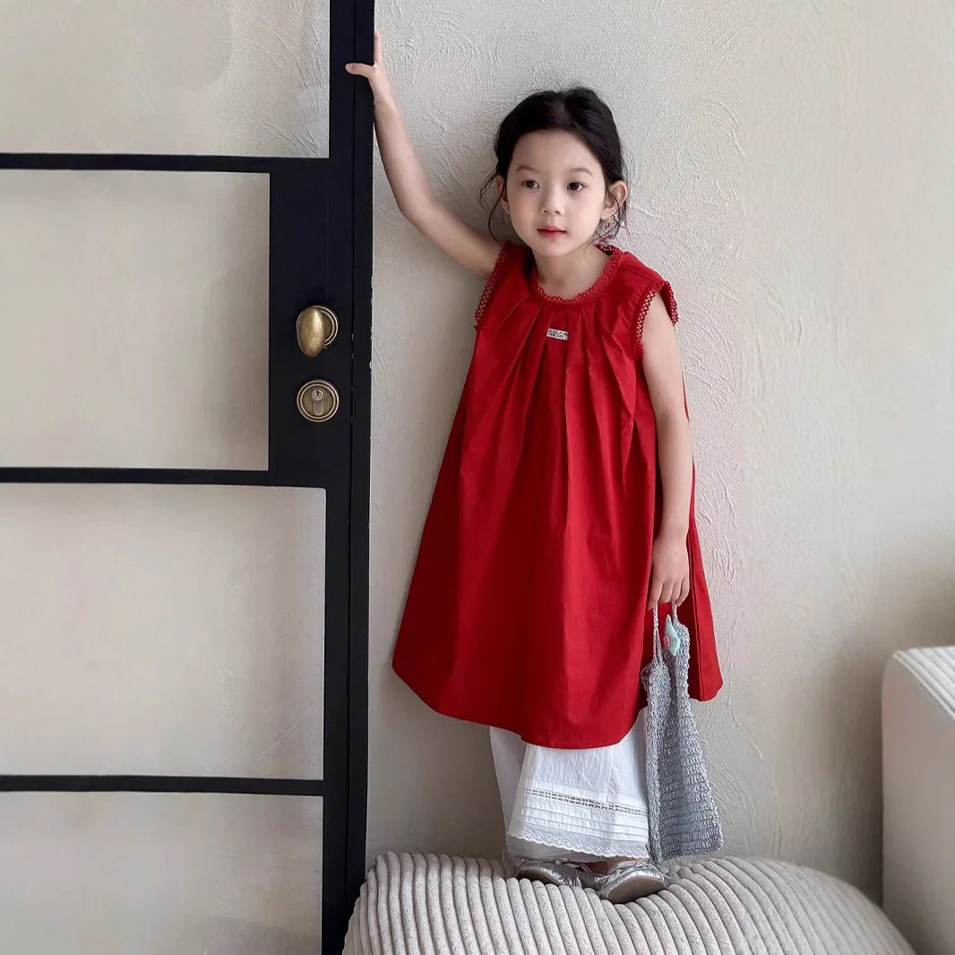 

Красный джемпер-юбка, корейское модное простое однотонное летнее платье без рукавов 2025, новое универсальное милое темпераментное платье