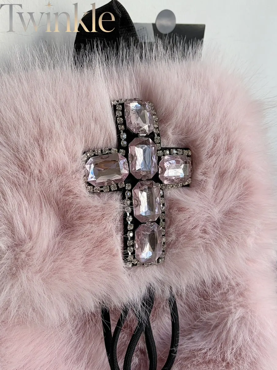 Pink Diamond Cross Y2K Fluffy Plush Backpack Winter Women Small Shoulder Bag Cute Harajuku Aesthetic Rucksack for Girls