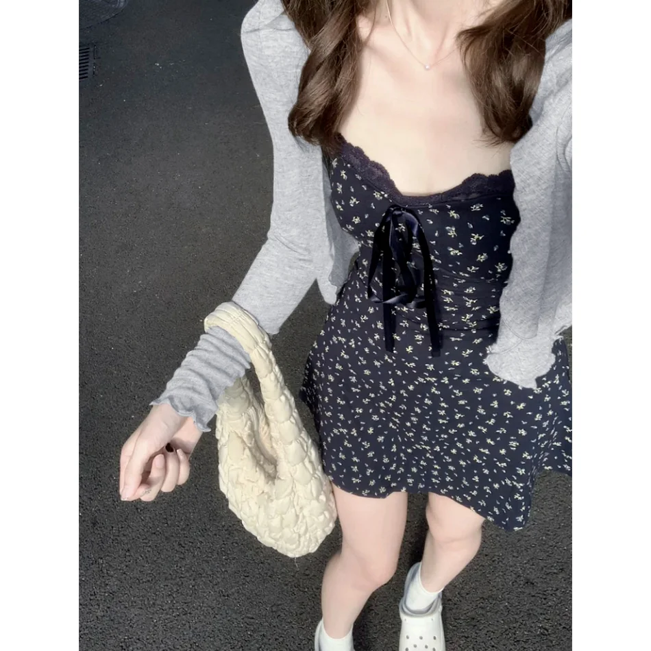 Women's Bodycon Navy Floral Camisole Dress And Plain Knit Cardigan Set Petite Slim Fit Fall Outfit Chic Vacation Cover-Up Spring