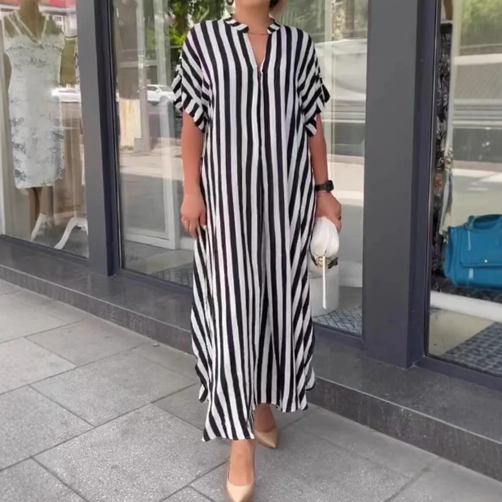 

Casual And Fashionable Striped Side Slit Short-sleeved Long Dress For Women's Summer Loose V-neck Dress For Women 2025