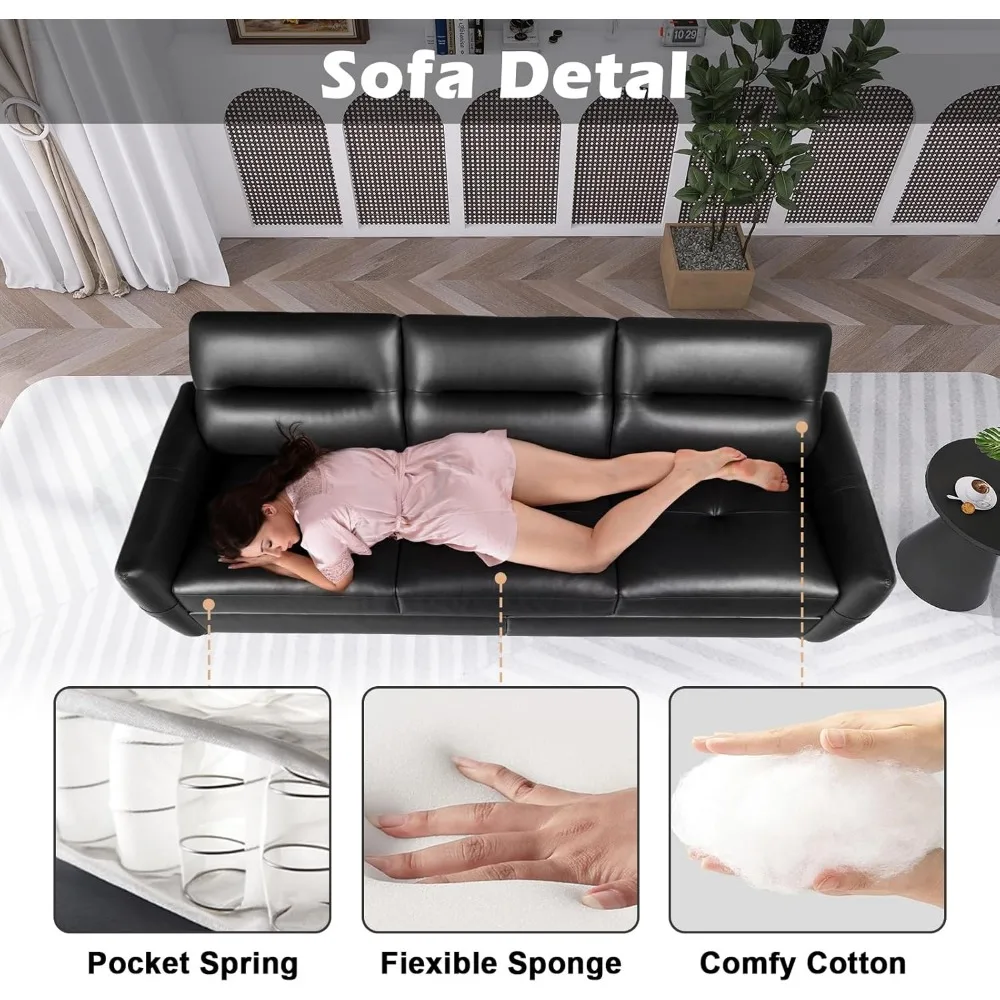 Sofá de couro sintético de 85 polegadas, sofá de couro preto com USB, sofás modernos de meados do século de 3 lugares, sala de estar, sofá de apartamento,