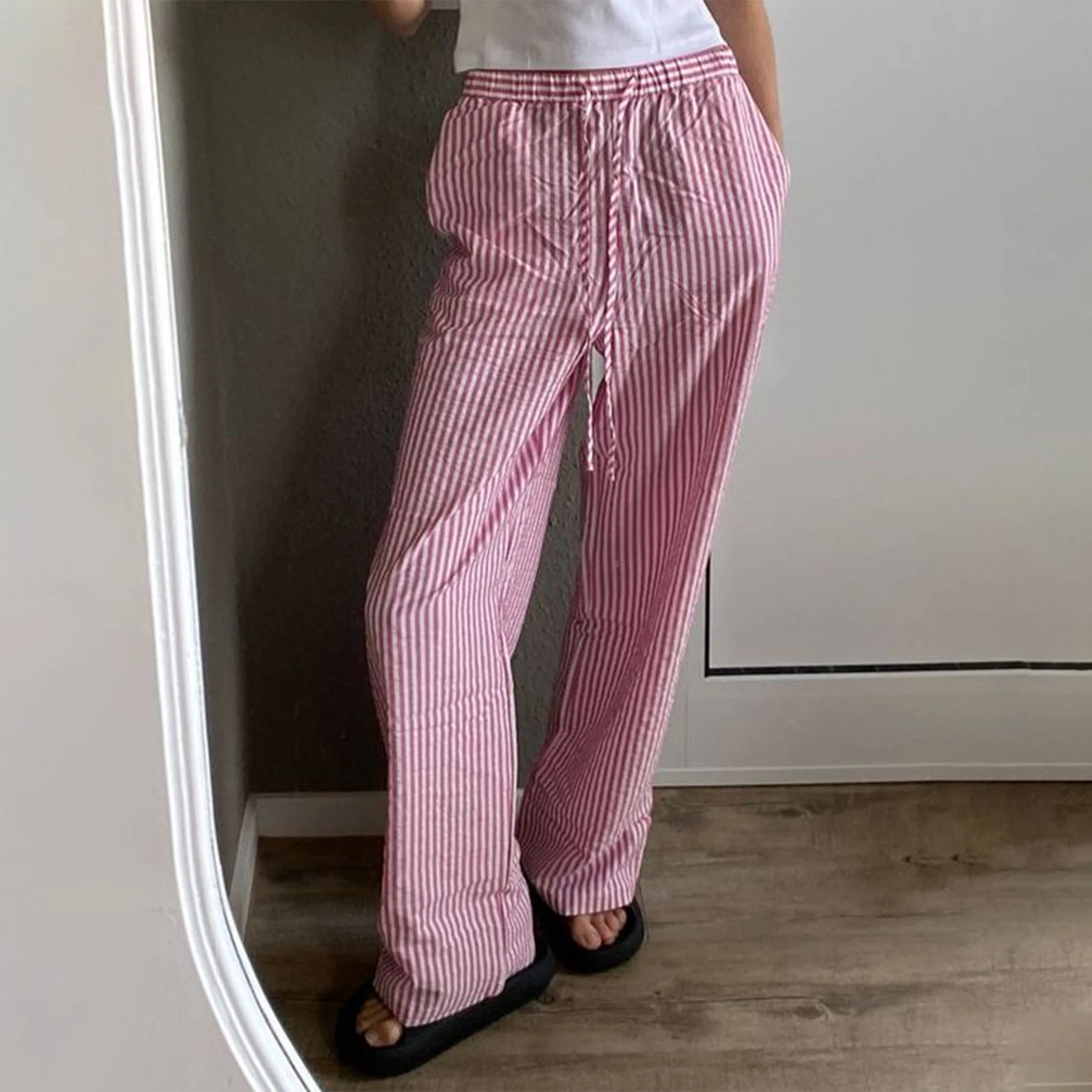 

Elastic Waist Straight Wide Leg Pants Women Casual Striped Lounge Pants Korean Harajuku Hip Pop Baggy Trousers with Pockets