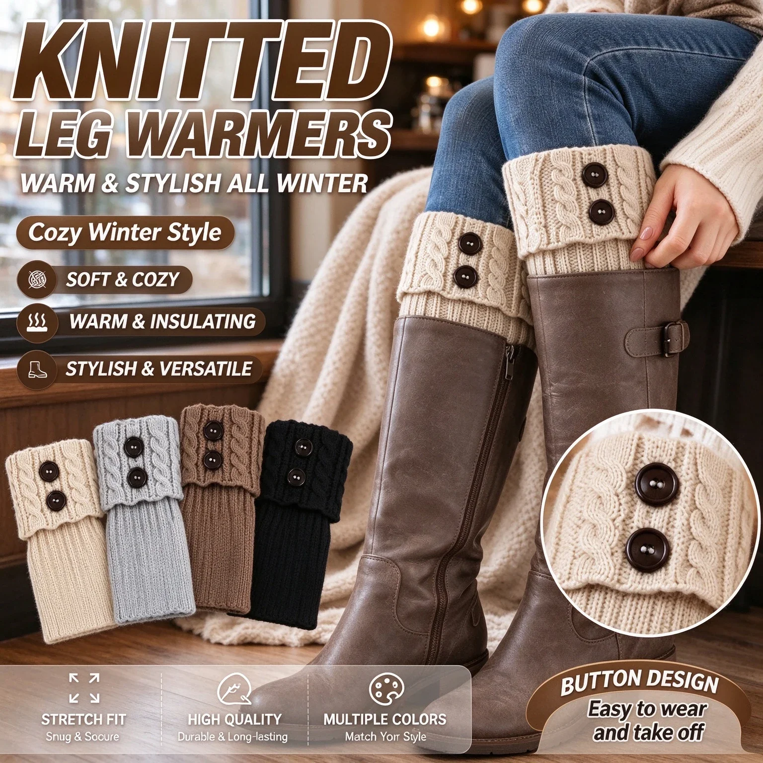 Women Wool Button Cable Knit Ankle Leg Warmers Short Foot Covers Cozy Winter Boot Socks Toppers Autumn Knitted Set