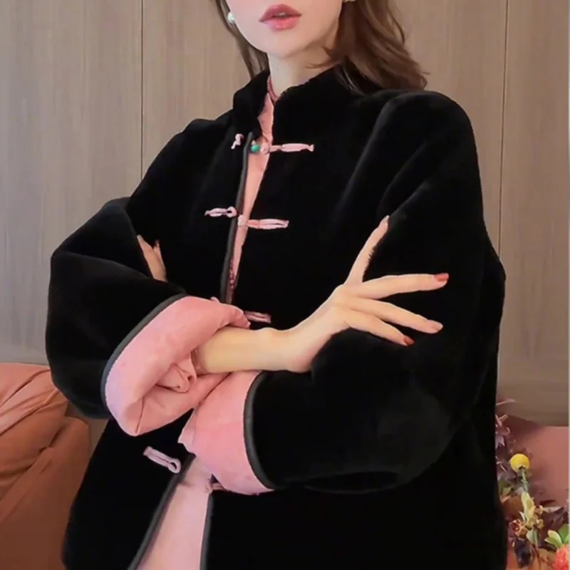 Limiguyue negro empalme Rosa Reversible invierno algodón abrigo Rana botón terciopelo mujer chaqueta Stand Color ropa de abrigo china 351A