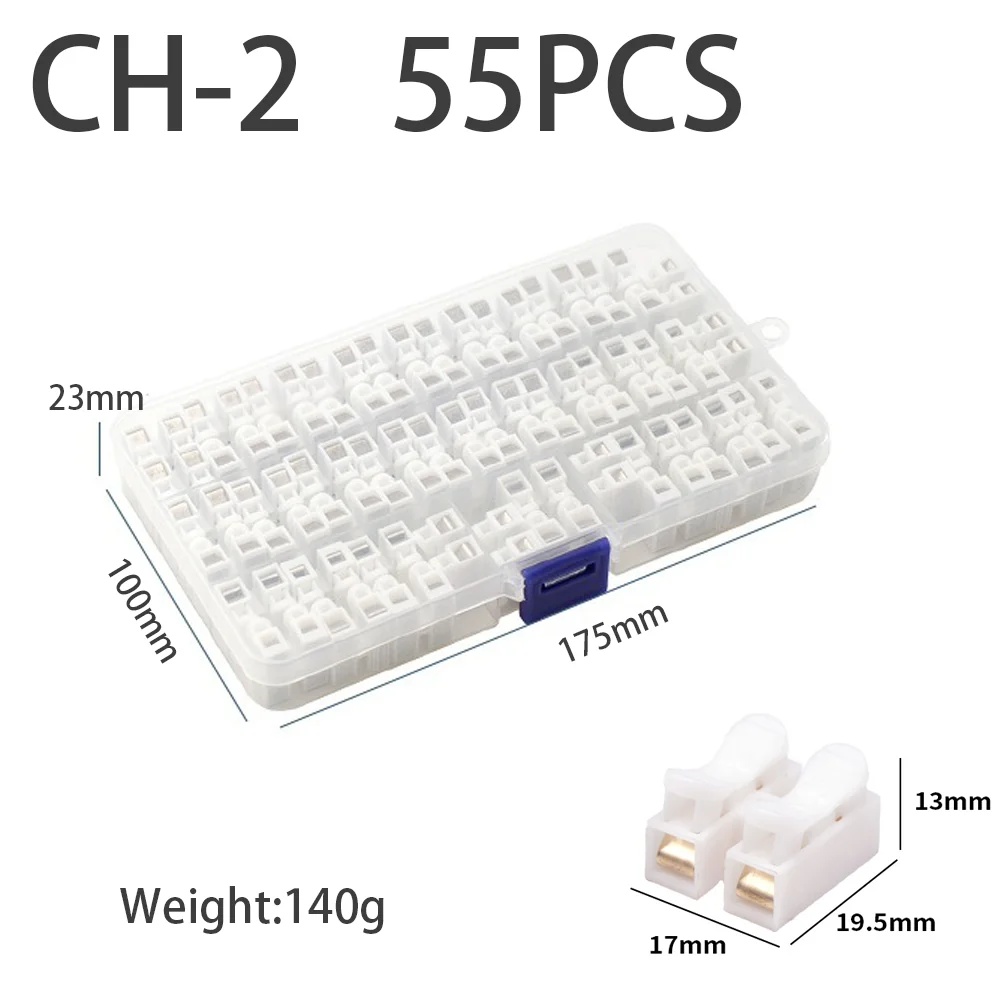 BOX 55 PCS CH-2 Spring Wire Quick Connector 2p Electrical Crimp Terminals Block Splice Cable Clamp Easy Fit Led Strip