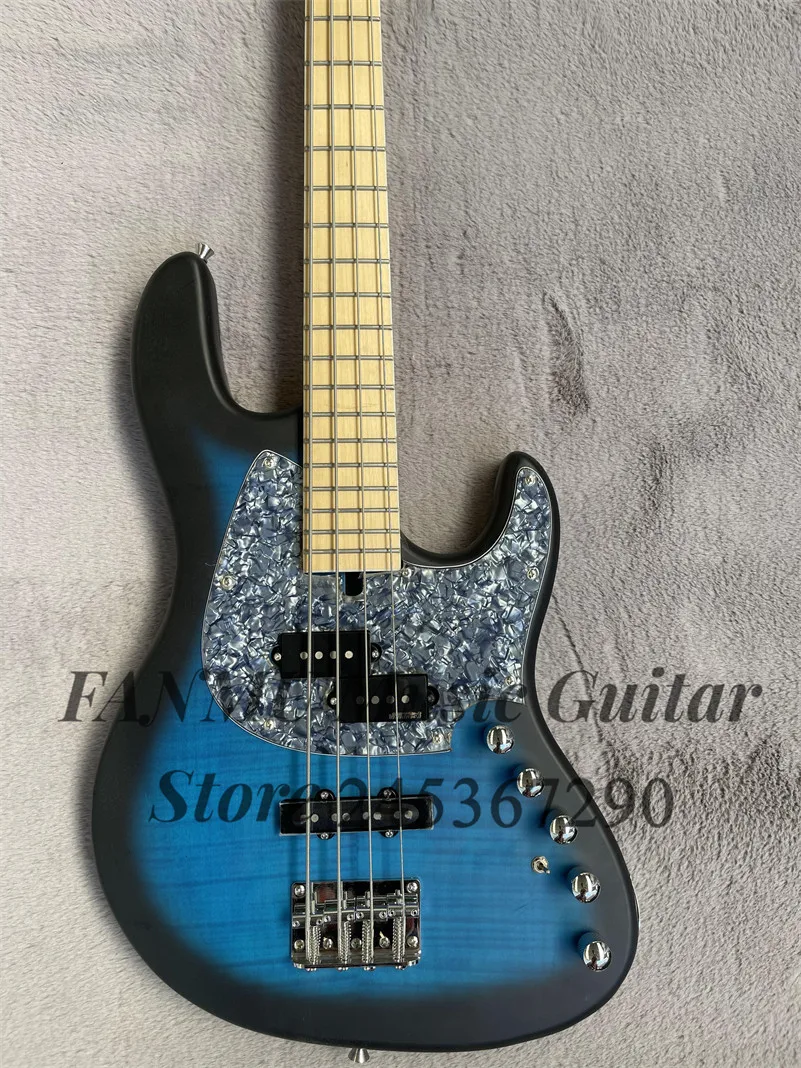 

Matte Blue Bass 5-string electric bass Guitar Flamed Maple top Gray pearl guard Maple Neck Chrome Bridge active battery