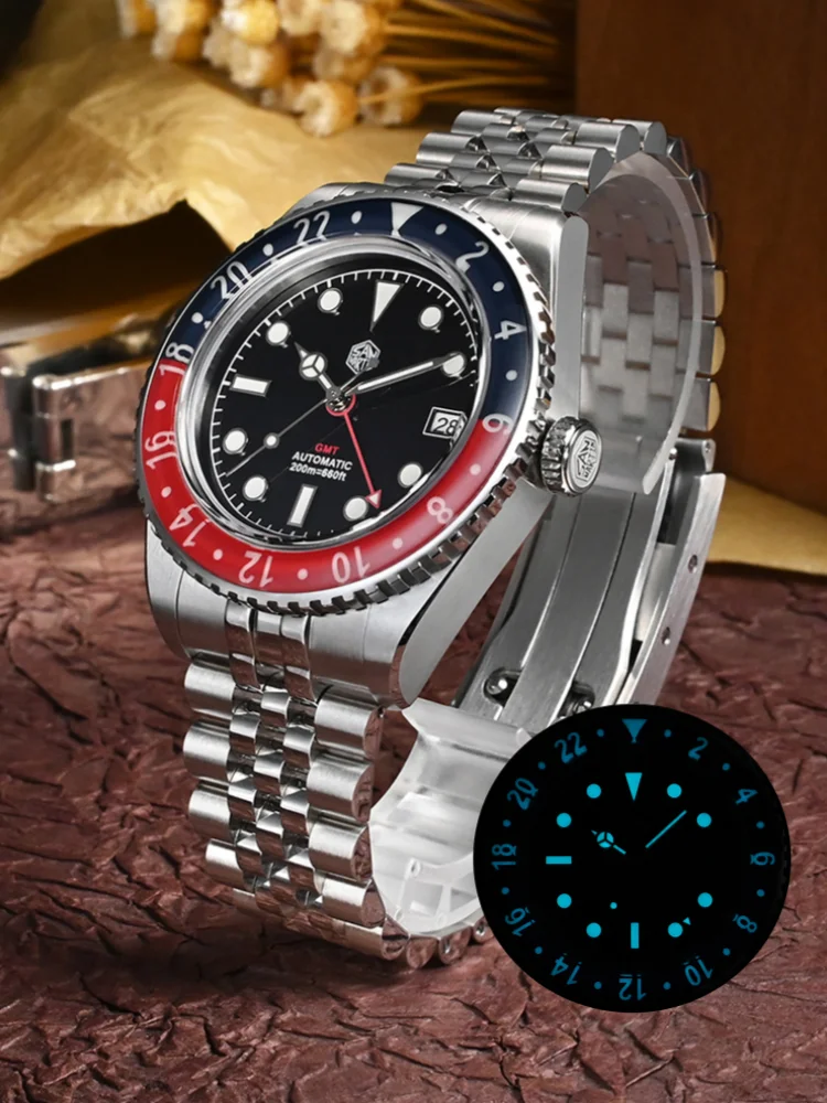 San Martin 40mm NH34 GMT Diver\'s Watch For Men Sapphire Bezel 5-Link Bracelet On The Fly Adjust Clasp 20Bar Saat Erkek SN0005B