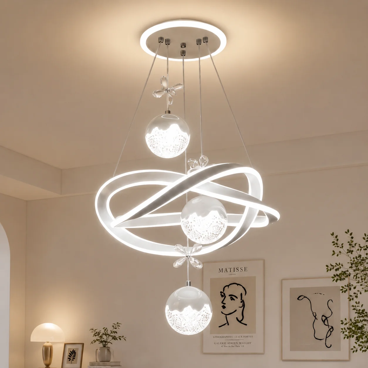 Modern Luxury Snowflake 3-Ball Chandelier LED Chandelier 3 Colors Nordic-Style Ring Light, suitable for use in living rooms, bed