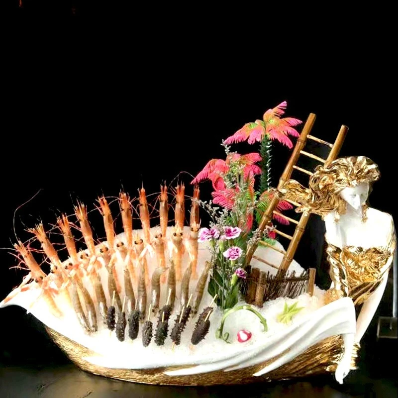 Creative resin ship type beautiful woman seafood self-made sashimi large dry ice plate hot pot chain club special serving