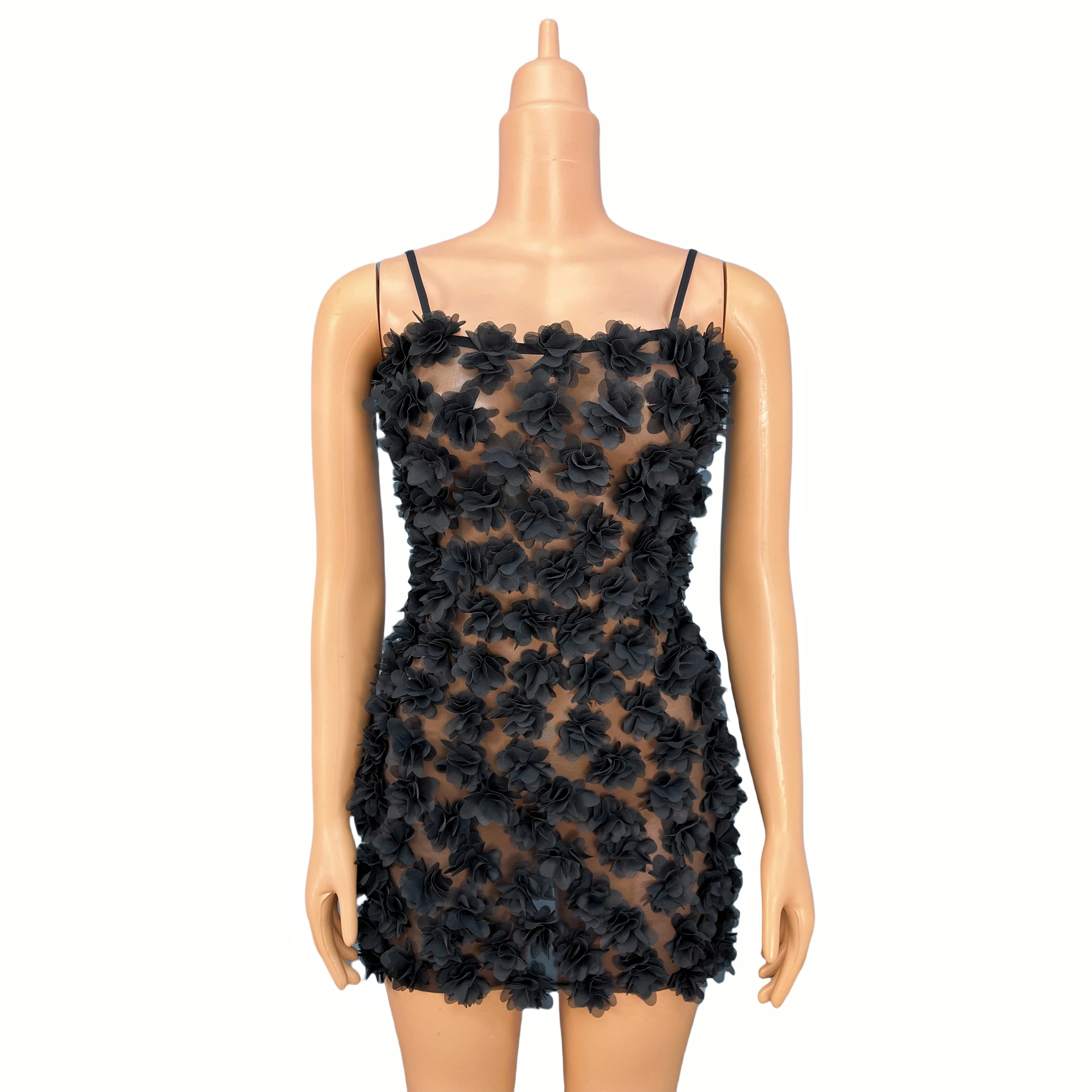 

Women's Daily Black Flowers Suspenders Mini Dress Sexy Transparent Mesh Party Fashion Show Gown Stage Perform Costume Heixuefan