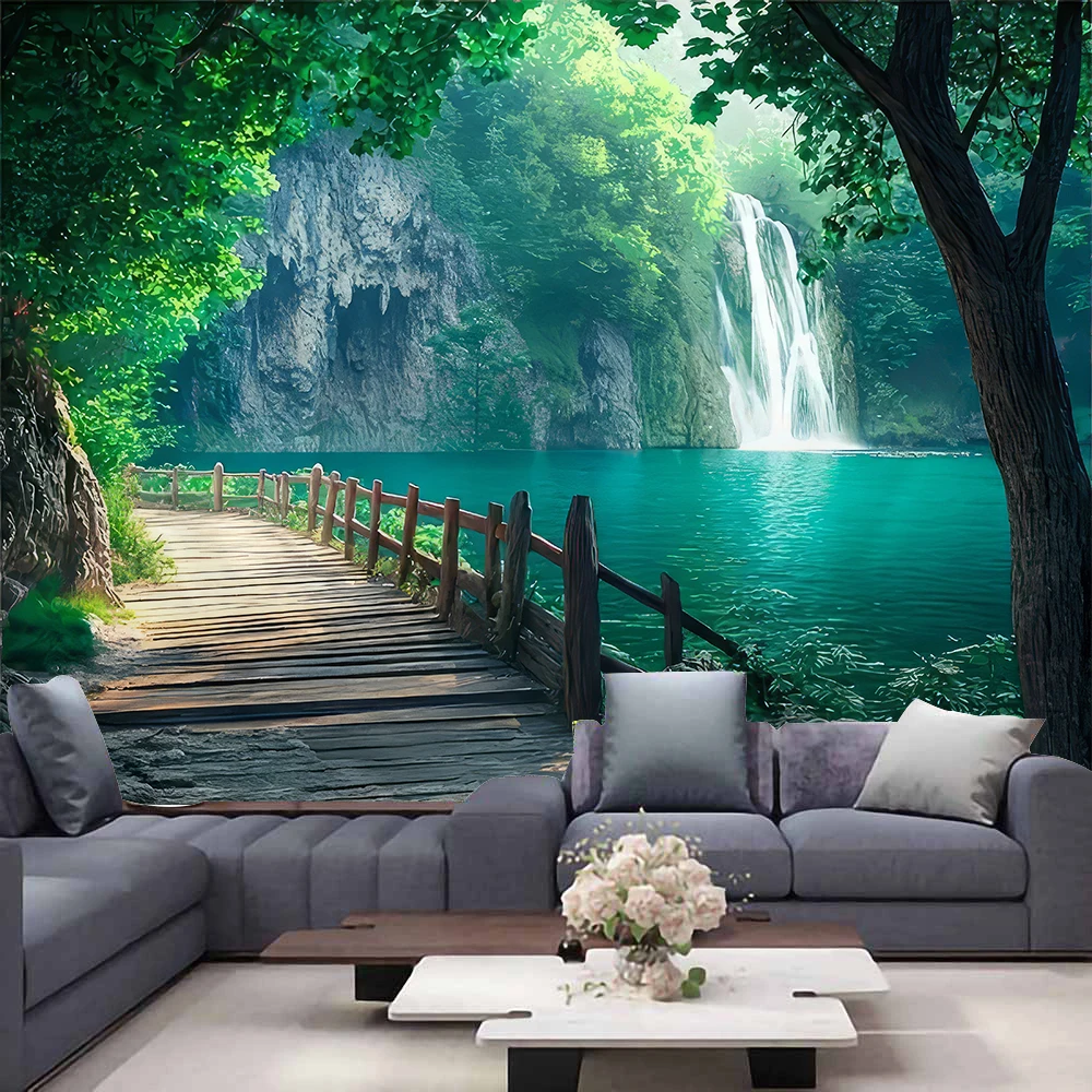 Large Green Forest Waterfall Natural Scenery Wall Tapestry Wall Decoration For Living Room Backdrop Broadcast Background Cloth
