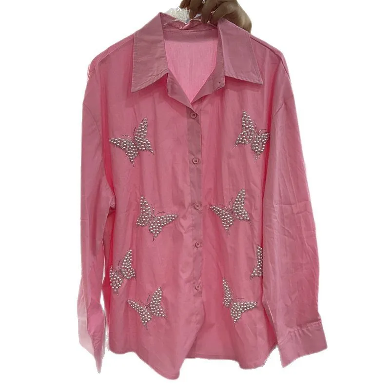 

Новинка 2025, весна-лето, свободные кардиганы, топ с розовым жемчугом и бабочкой, женские блузки с длинными рукавами, универсальная однобортная повседневная рубашка