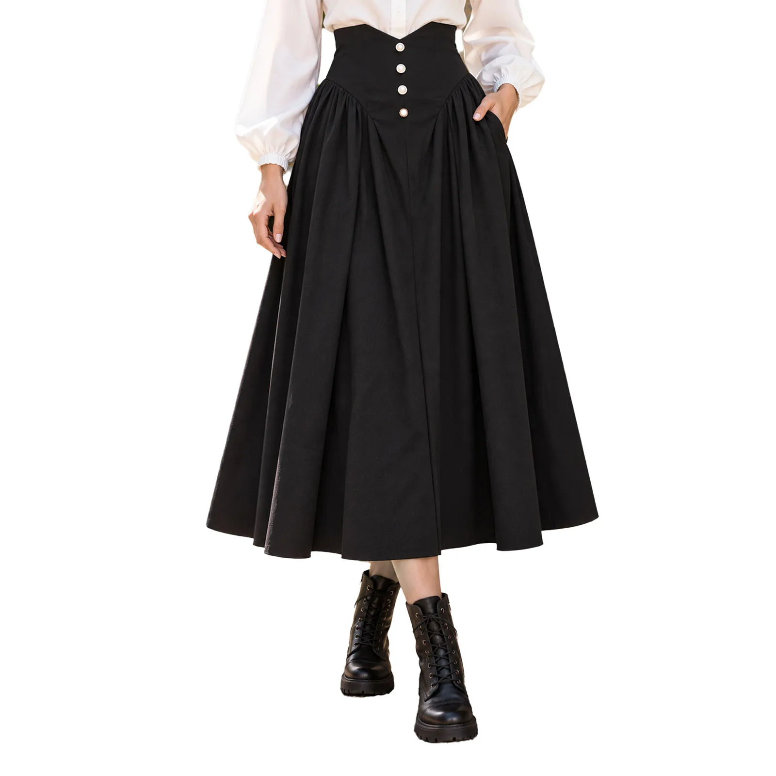 Womens Renaissance Long Skirt High Waist Gathered A-line Maxi Swing Skirt Medieval Festival Cosplay Skirt Halloween Outfit