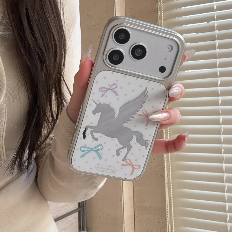 

Lovely Polka Dot Bowknot Mirror Unicorn Phone Case For iPhone 17 Pro 14 15 16 Pro Max Protective Cover Shockproof Protective Cas