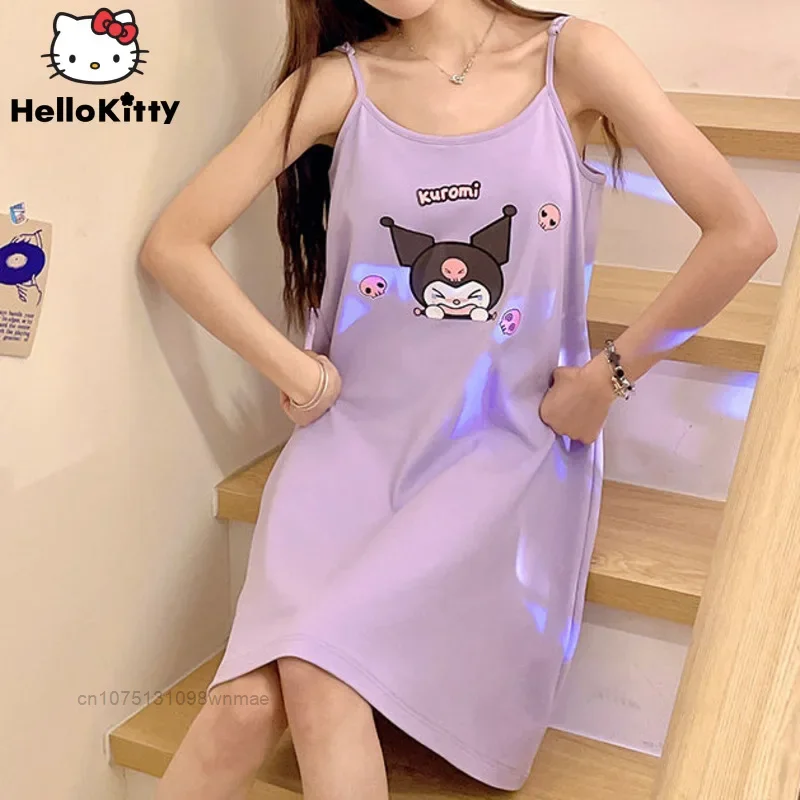 Sanrio Camisole Pajama for Women, Kawaii Cartoon Kuromi Nightdress with Bras for Girls, Thin Medium-length Dress, Home Clothes