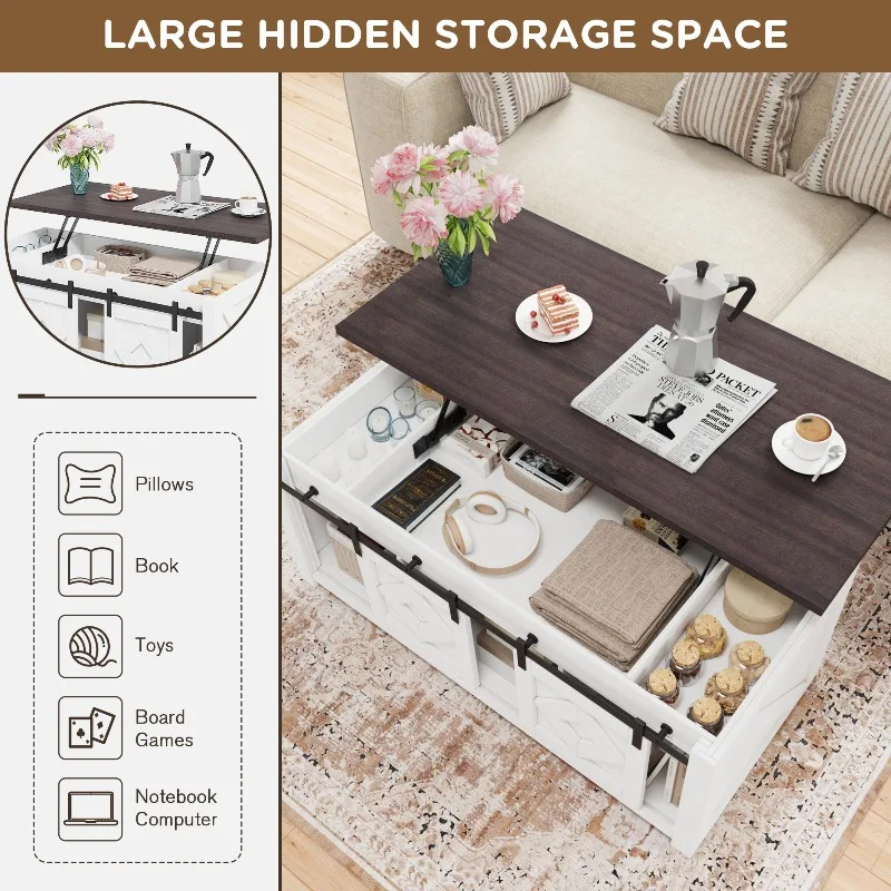 طاولة قهوة علوية قابلة للرفع في المزرعة مع مساحة تخزين وأبواب حظيرة منزلقة، وطاولة مركزية ريفية مع حجرة مخفية لغرفة المعيشة