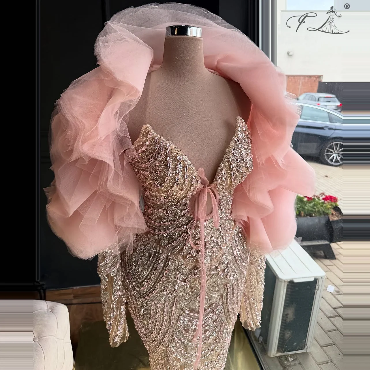 Robe en dentelle strass rose, châle transparent, robe de bal, col en v, manches longues, robe de soirée sirène personnalisable