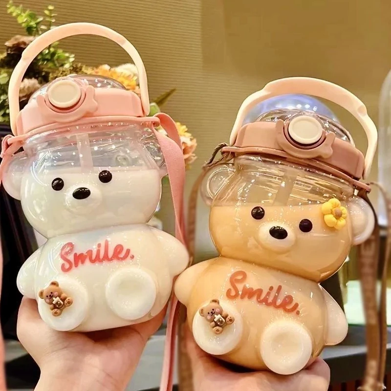 

Bear Straw Water Bottle Summer Outdoor Large Capacity Plastic Straw Drinking Cup Children Travel Kawaii Bear Kettle Sport Mug