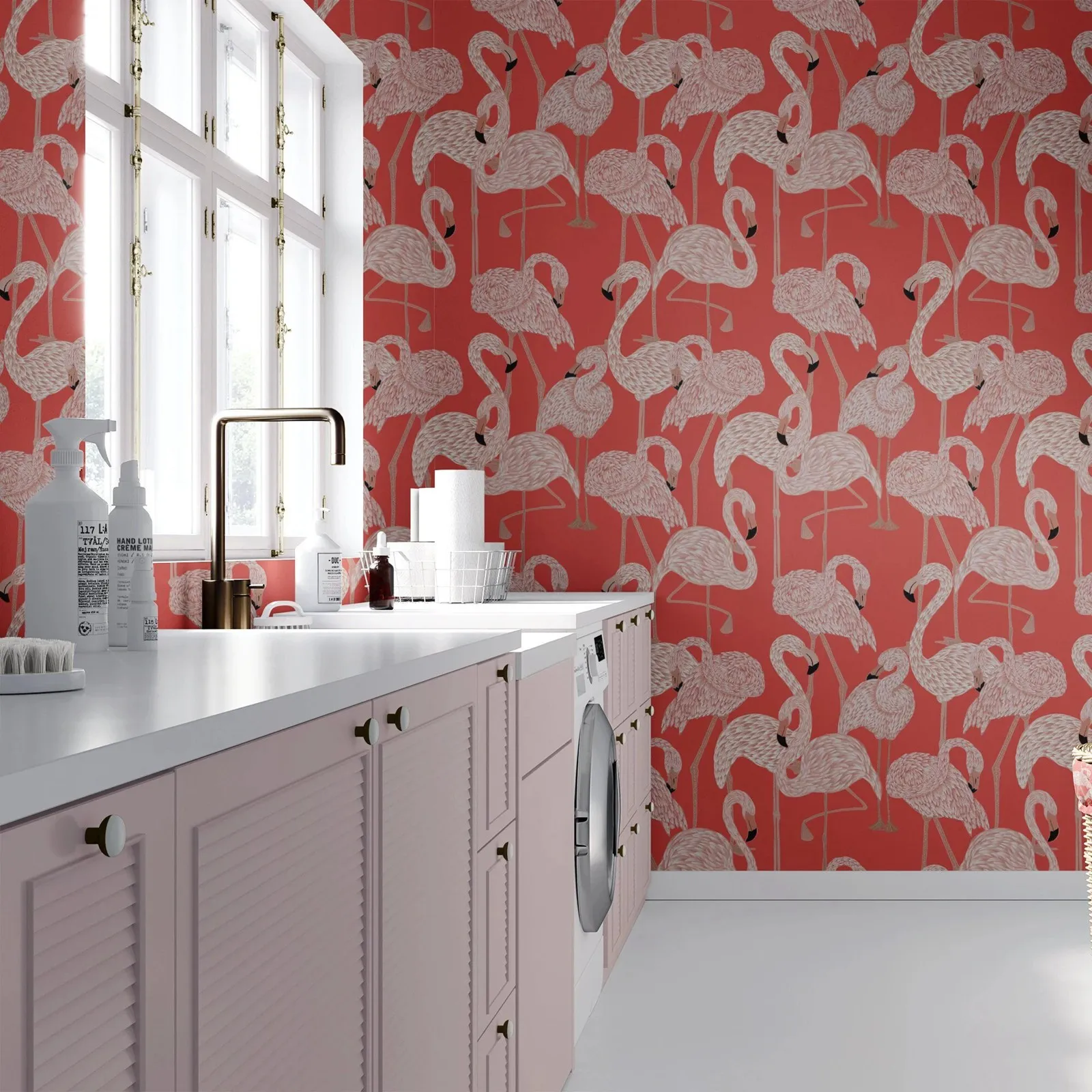 Tropical Pink Flamingo Peel and Stick Wallpaper, Animal Wallpaper For Nursery, Coastal Wallpaper in Pink, Renter Friendly Papers